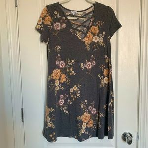 Grey Floral Cotton Dress with Criss Cross Neckline